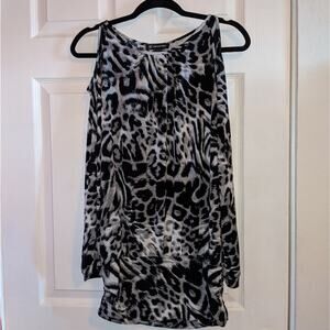 INC International Concepts Grey Leopard Cheetah Long Sleeve Cold Shoulder Top S